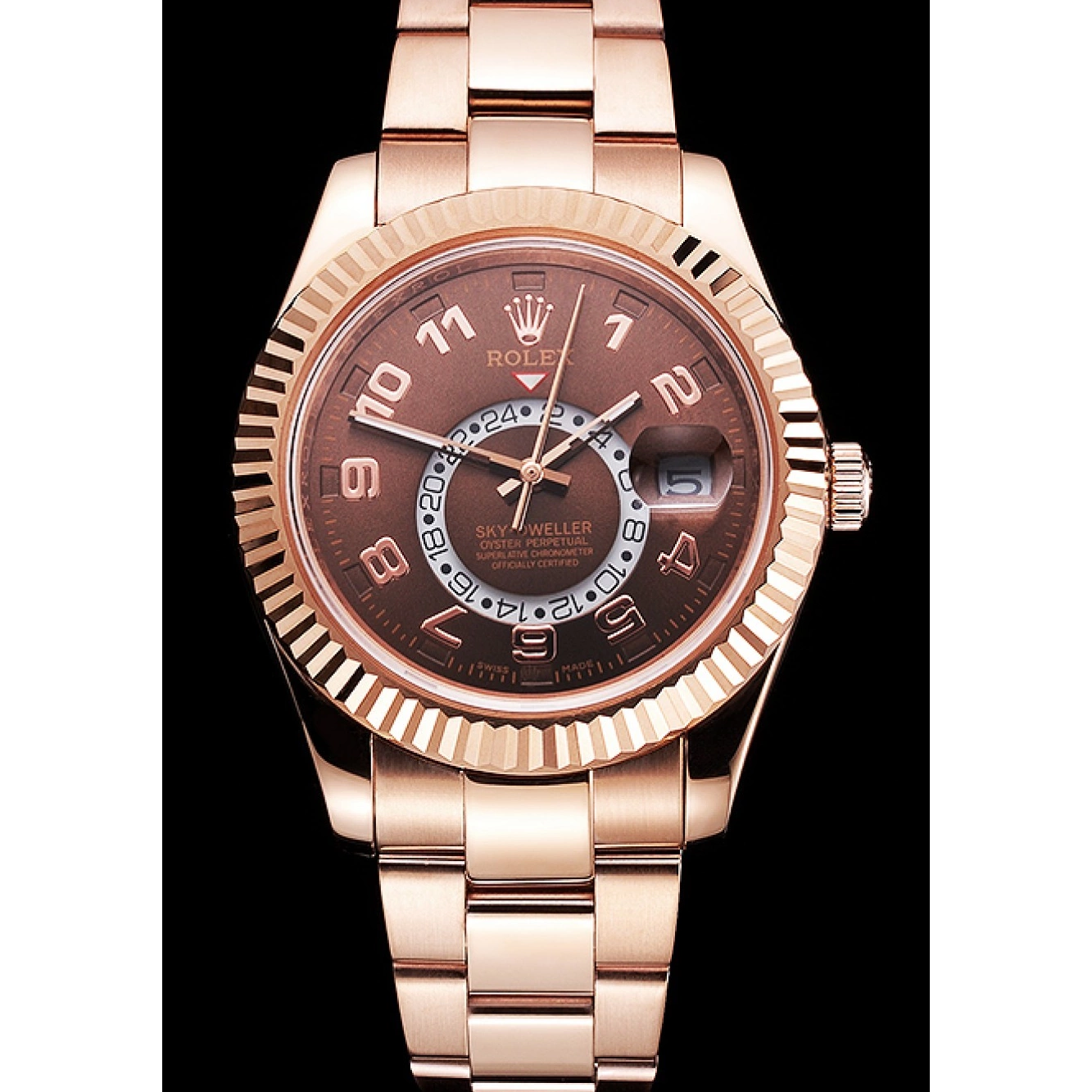 Aaa replica Case Rose Brown Rolex Ad Dweller Dial Bracelet Sky Gold 0723